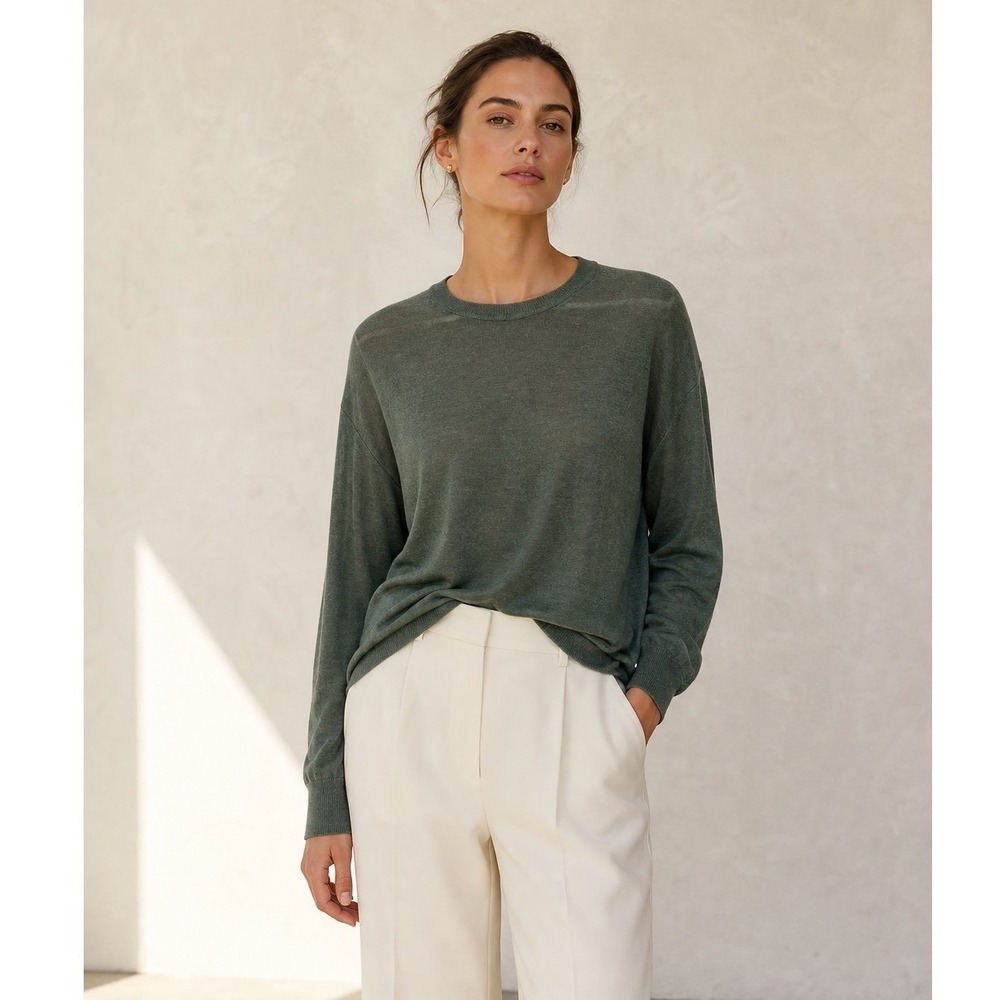 Zara Origins‎ Women Earthy Green Lighweight Linen Crewneck Sweater, S Oversized